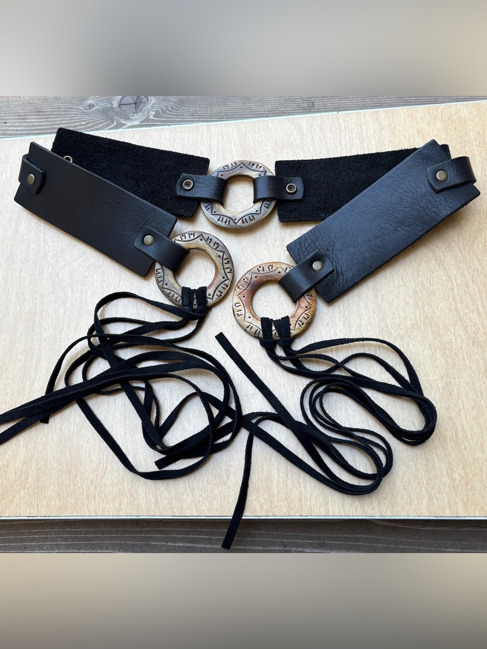 Black Leather Wood O-ring Tie Fringe Belt